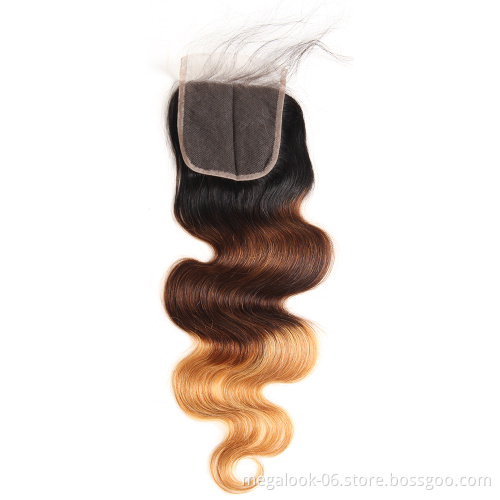 Three Tone Body Wave Ombre Brazilian Human Hair 4 Bundles Weave Wet and Wavy with Closure